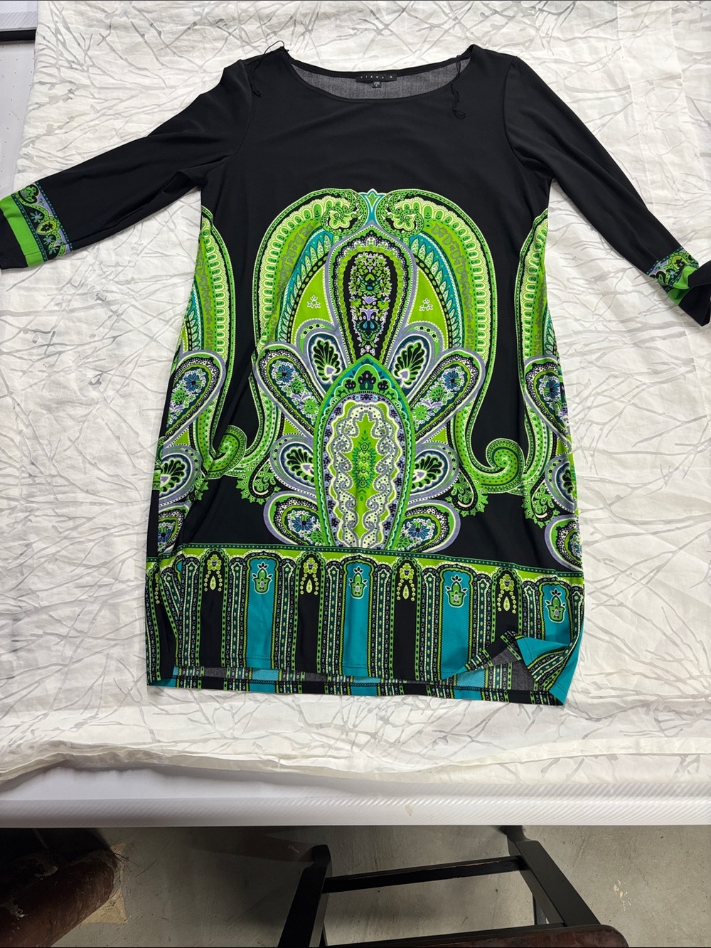 Tiana B. Black Midi Dress with Green and Teal Paisley Print